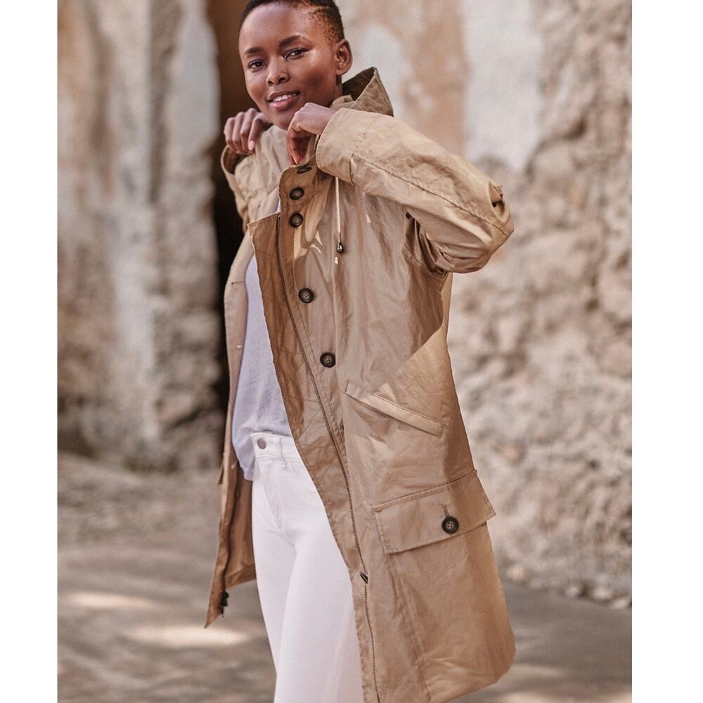 Garnet Hill Coated-Linen Hooded Utility Rain Jacket Coat 10 Coastal Chic